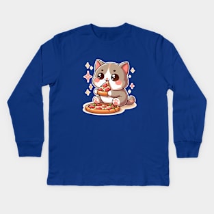 cute cat fat eat pizza slice cartoon illustration Kids Long Sleeve T-Shirt